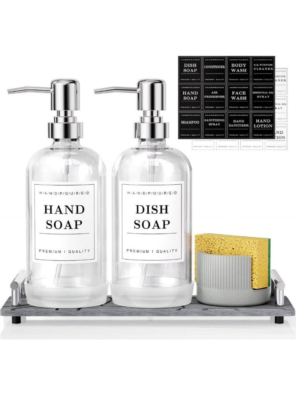 Clear Glass Soap Dispenser Set with Stone Dry Tray & Brush Holder - 2 Pack